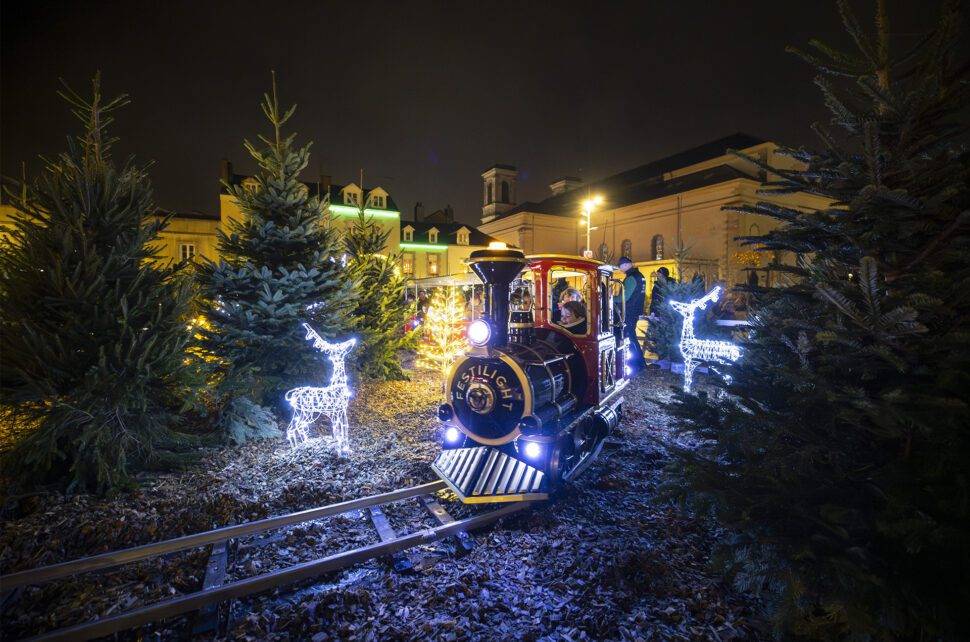 Marché de Noël de La Roche-sur-Yon avec ses chalets illuminés, décorations féeriques et ambiance festive sur la place Napoléon